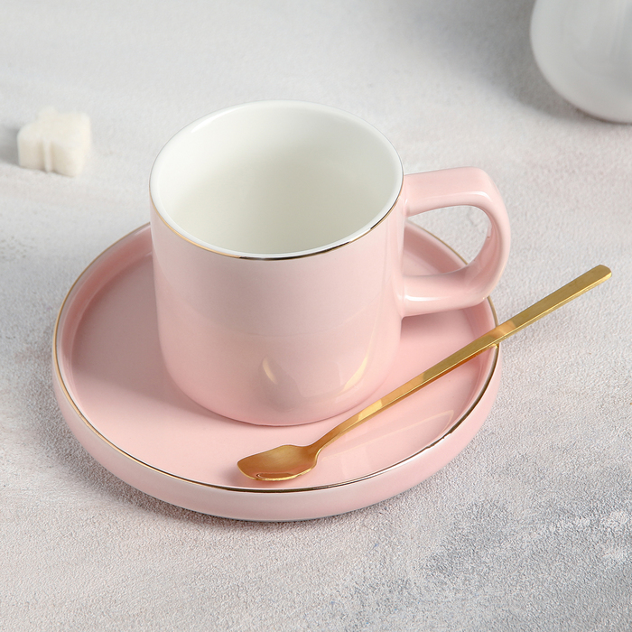 Чайная пара керамическая «Грация», чашка 220 мл, блюдце d=14,5 см, ложка, цвет розовый