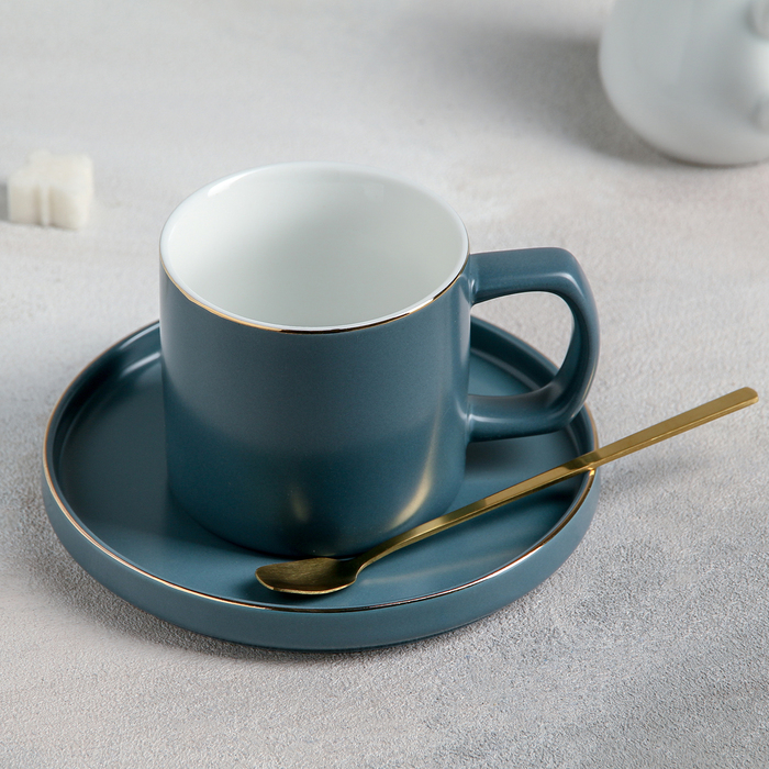 Чайная пара керамическая «Грация», чашка 220 мл, блюдце 14,5 см, ложка, цвет серо-синий матовый