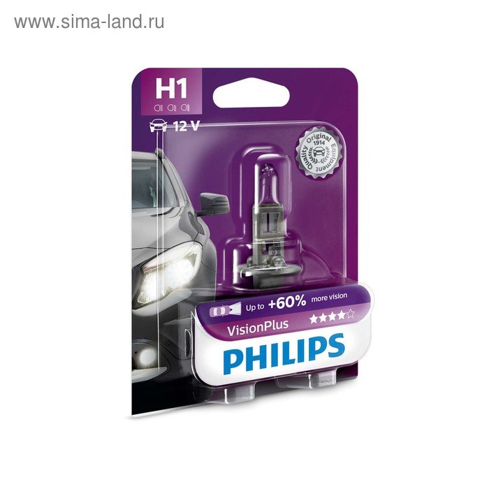 Лампа автомобильная Philips Vision Plus +60%, H1, 12 В, 55 Вт, 12258VPB1 лампа автомобильная philips vision plus h1 12 в 55 вт набор 2 шт