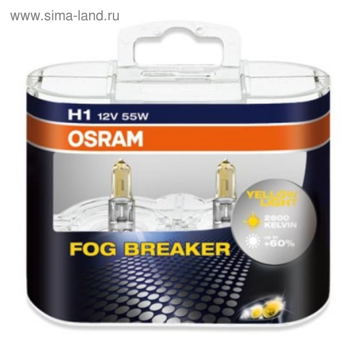 фото Лампа автомобильная osram fog breaker +60%, h1, 12 в, 55 вт, набор 2 шт, 62150fbr-hcb