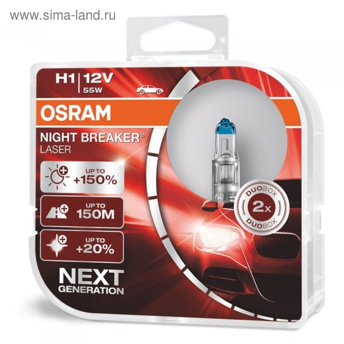 Лампа Osram Night Breaker Laser +150%, H1, 12 В, 55 Вт, набор 2 шт, 64150NL-HCB