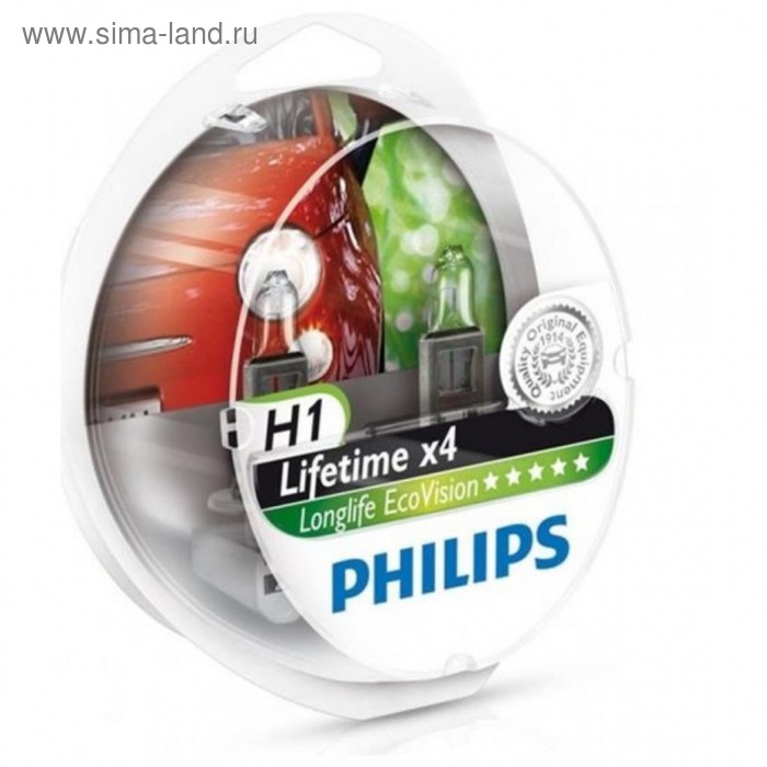 Лампа автомобильная Philips LongLife EcoVision, H1, 12 В, 55 Вт, набор 2 шт, 12258LLECOS2 лампа автомобильная valeo blue effect h1 12 в 55 вт набор 2 шт 32604