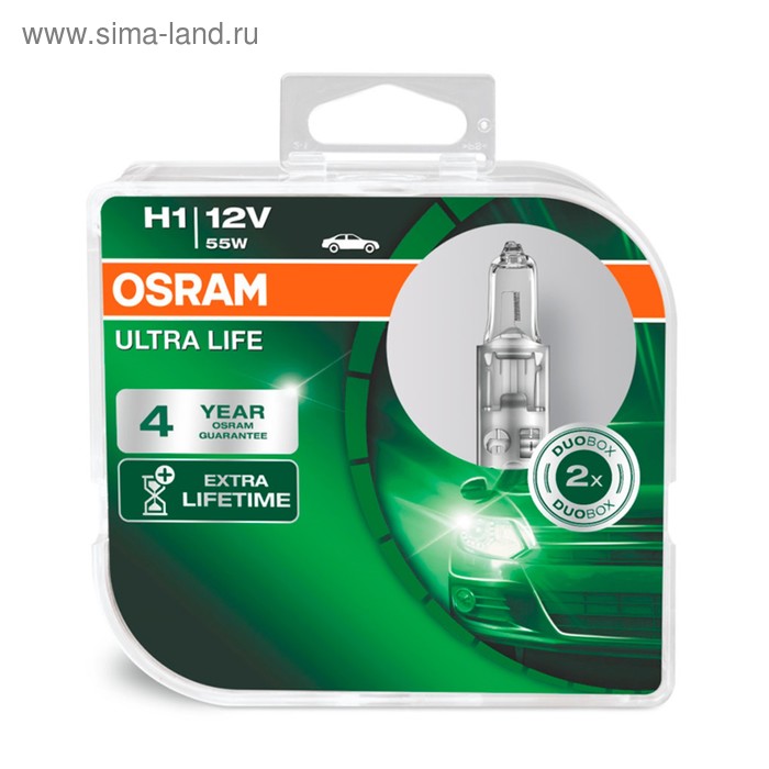 Лампа автомобильная Osram Ultra Life, H1, 12 В, 55 Вт, набор 2 шт, 64150ULT-HCB лампа автомобильная osram allseason h4 12 в 60 55 вт набор 2 шт 64193als hcb