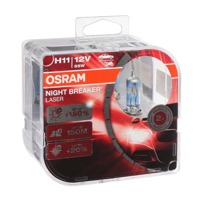Лампа автомобильная Osram Night Breaker Laser +150%, H11, 12 В, 55 Вт, набор 2 шт лампа автомобильная osram night breaker silver 100% h11 12в 55вт 2 шт 64211nbs hcb