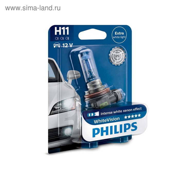 Лампа автомобильная Philips White Vision, H11, 12 В, 55 Вт, 12362WHVB1 лампа светодиодная philips 12 в h11 h8 h16 9 3 вт 6000k x tremeultinon набор 2 шт 12834unix2