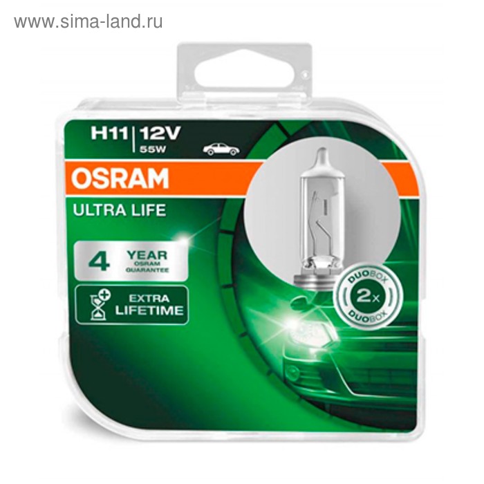Лампа автомобильная Osram Ultra Life, H11, 12 В, 55 Вт, набор 2 шт, 64211ULT-HCB