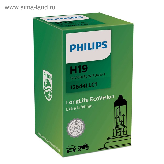 фото Лампа автомобильная philips longlife ecovision, h19, 12 в, 60/55 вт, 12644llc1