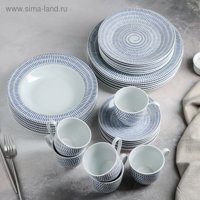 Набор посуды керамической Доляна «Антик», 24 предмета: тарелки d=19,5/20,5/24 см, чайная пара 200 мл, цвет белый