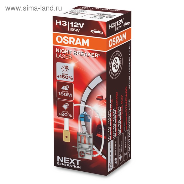 Лампа автомобильная Osram Night Breaker Laser +150%, H3, 12 В, 55 Вт, 64151NL лампа автомобильная osram night laser h4 p43t 12 в 60 55 вт 150% 4050k 64193nl