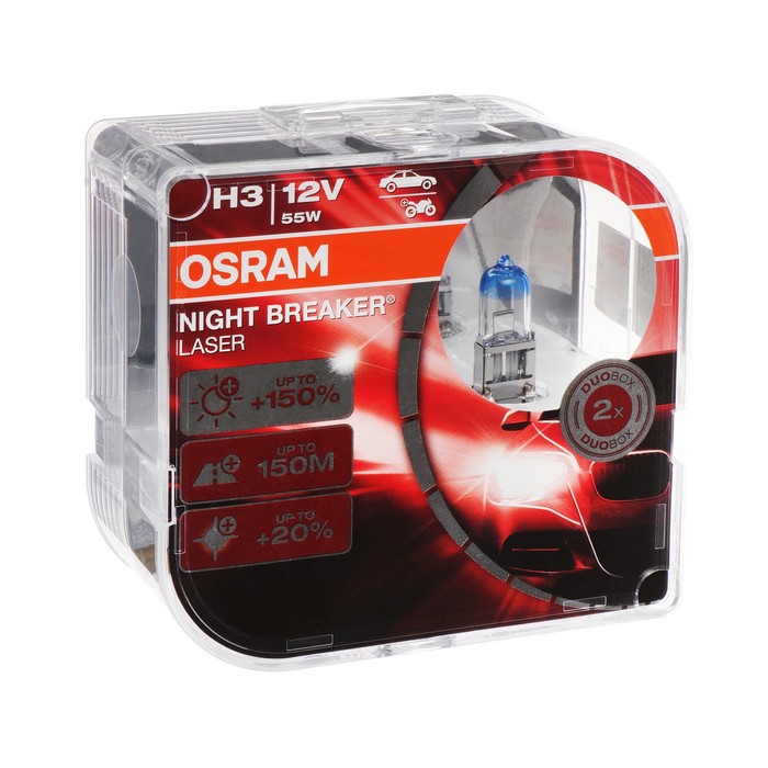 Лампа автомобильная Osram Night Breaker Laser +150%, H3, 12 В, 55 Вт, набор 2 шт, 64151NL-HCB лампа автомобильная osram night breaker laser 150% h8 12 в 35 вт 64212nl