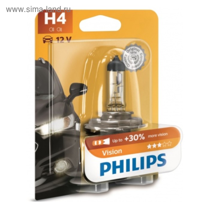 фото Лампа автомобильная philips vision +30%, h4, 12 в, 60/55 вт, 12342prb1