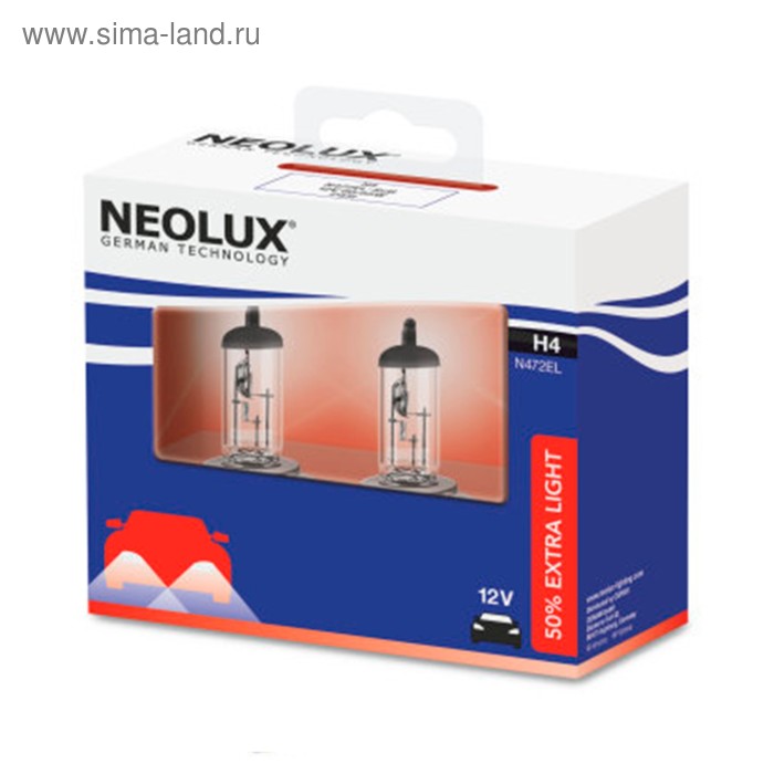 фото Лампа автомобильная neolux extra light +50%, h4, 12 в, 60/55 вт, набор 2 шт, n472el-scb
