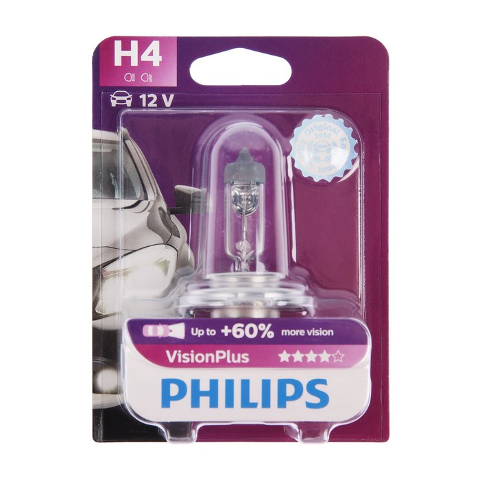 

Лампа автомобильная Philips Vision Plus H4 P43t, 12 В, 60/55 Вт, +60%, 12342VPB1