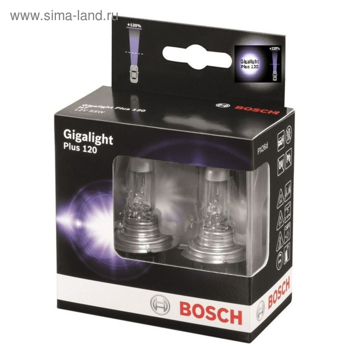 Лампа автомобильная Bosch Gigalight Plus +120%, H4, 12 В, 60/55 Вт, набор 2 шт, 1987301106 лампа автомобильная bosch h4 12 в 60 55 вт 1987301001