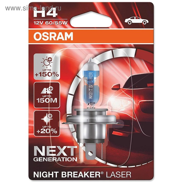 Лампа автомобильная Osram Night Breaker Laser +150%, H4, 12 В, 60/55 Вт, 64193NL-01B лампа автомобильная osram night breaker laser 150% h11 12 в 55 вт 64211nl 01b