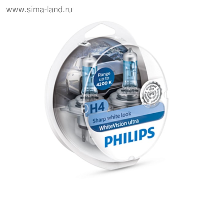 фото Лампа автомобильная philips whitevision ultra, h4, 12 в, 60/55 вт, набор 2 шт, 12342wvusm