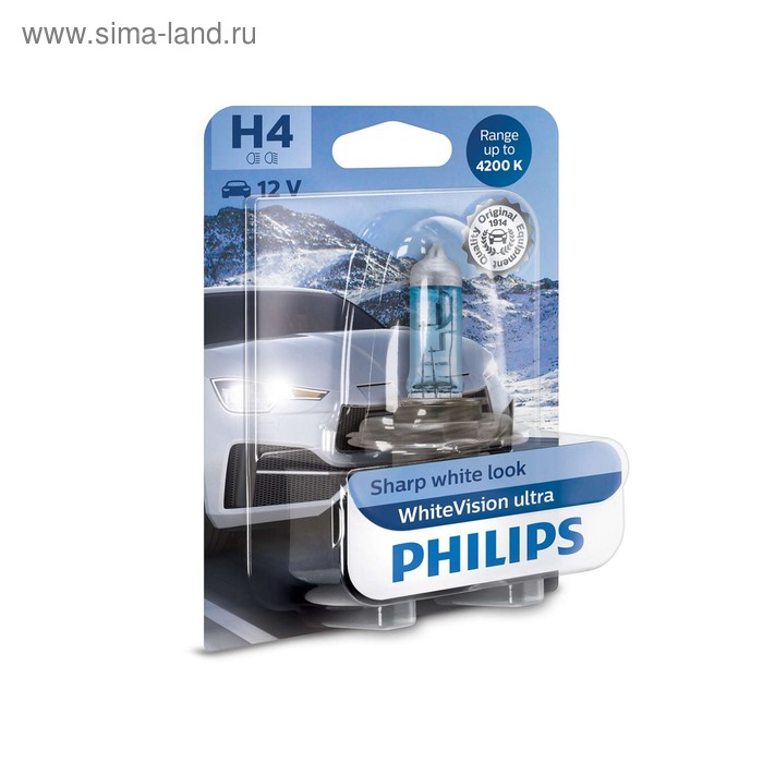 фото Лампа автомобильная philips whitevision ultra, h4, 12 в, 60/55 вт, 12342wvub1