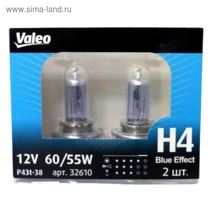 фото Лампа автомобильная valeo blue effect, h4, 12 в, 60/55 вт, набор 2 шт, 32610