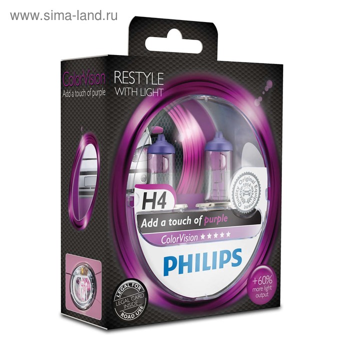 фото Лампа автомобильная philips color vision, розовый, h4, 12 в, 60/55 вт, набор 2 шт, 12342cvpps2