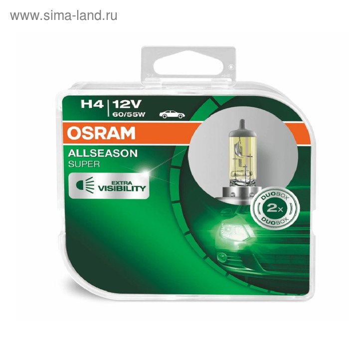 Лампа автомобильная Osram Allseason, H4, 12 В, 60/55 Вт, набор 2 шт, 64193ALS-HCB лампа автомобильная osram allseason h4 12 в 60 55 вт p43t