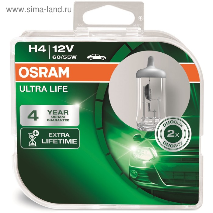 Лампа автомобильная Osram Ultra Life, H4, 12 В, 60/55 Вт, набор 2 шт, 64193ULT-HCB лампа автомобильная osram h4 60 55w p43t 38 ultra life 12v 64193ult