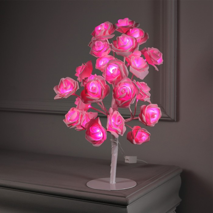 Светодиодный куст «Розы розовые» 45 см, 24 LED, постоянное свечение, 220 В, свечение тёплое белое