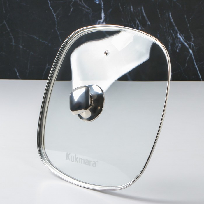 фото Крышка для сковороды и кастрюли стеклянная, квадратная, d=28 см, с ободом и ручкой из нержавеющей стали kukmara