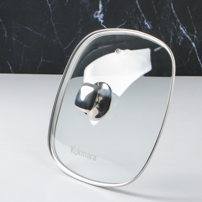фото Крышка для сковороды и кастрюли стеклянная, квадратная, 26 см, с ободом и ручкой из нержавеющей стали kukmara