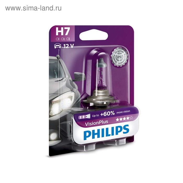 Лампа автомобильная Philips Vision Plus +60%, H7, 12 В, 55 Вт, 12972VPB1 лампа автомобильная philips vision plus h1 12 в 55 вт набор 2 шт