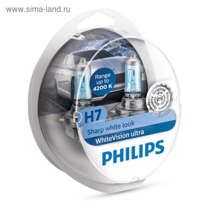 фото Лампа автомобильная philips white vision ultra, h7, 12 в, 55 вт, набор 2 шт, 12972wvusm