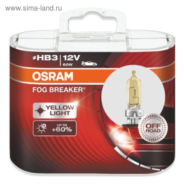 Лампа автомобильная Osram Fog Breaker +60%, HB3, 12 В, 60 Вт, набор 2 шт, 9005FBR-HCB автомобильная лампа hb3 60w standart 1 шт osram