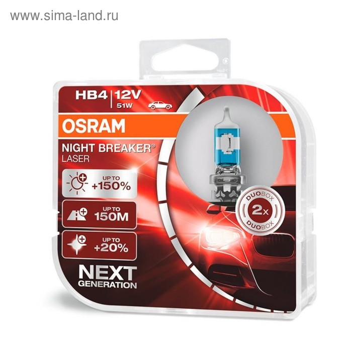 Лампа автомобильная Osram Night Breaker Laser +150%, HB4, 12 В, 51 Вт, 2 шт, 9006NL-HCB 4666 лампа автомобильная osram night breaker silver 100% h11 12в 55вт 2 шт 64211nbs hcb