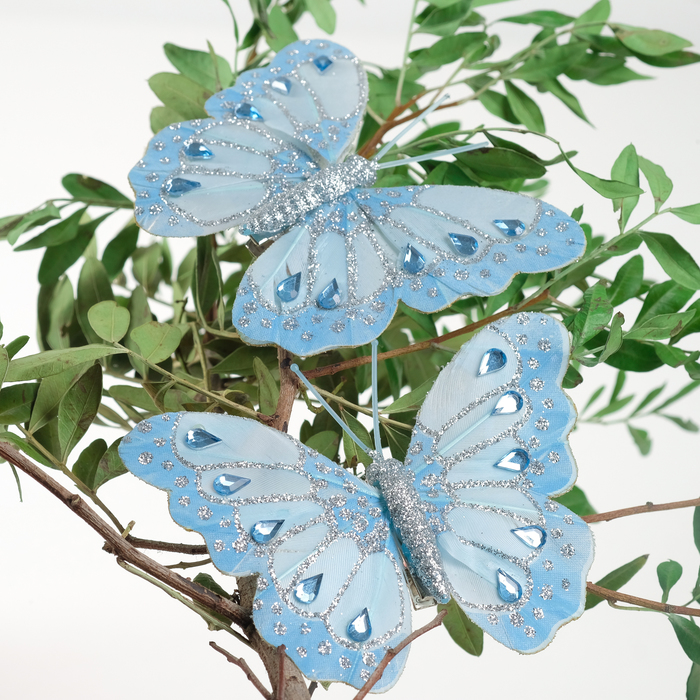 Бабочка для декора и флористики, на прищепке, пластиковая, голубая, микс, 1 шт., 7 х 9 х 1 см