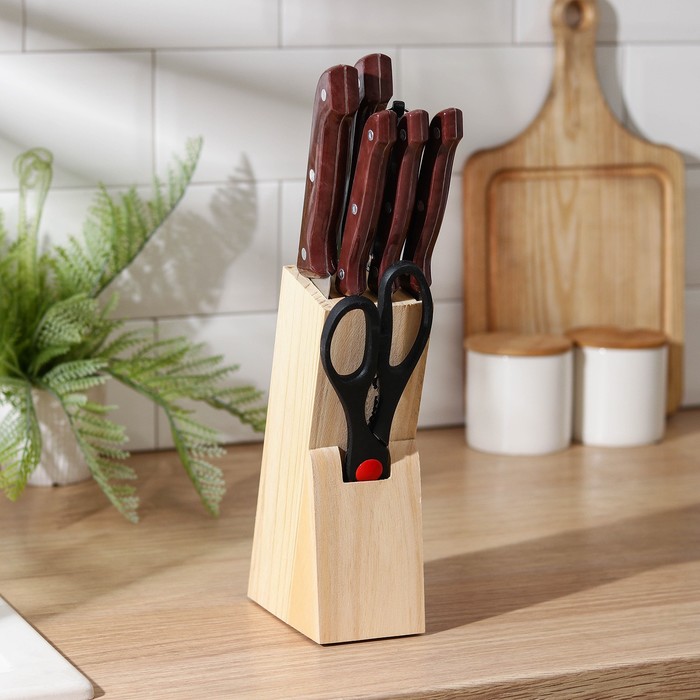 

Набор кухонный на подставке, 7 предметов: ножи 19 см, 23 см, 21 см, 31 см, 31 см, ножницы 21, мусат, цвет коричневый