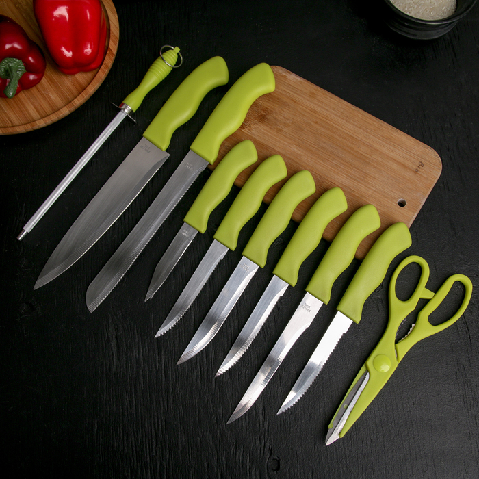 Набор кухонных принадлежностей на подставке, 8 ножей, ножеточка, ножницы, цвет зелёный