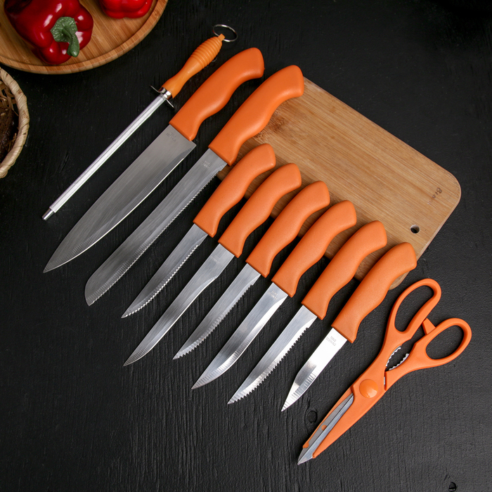 Набор кухонных принадлежностей на подставке, 8 ножей, ножеточка, ножницы, цвет оранжевый