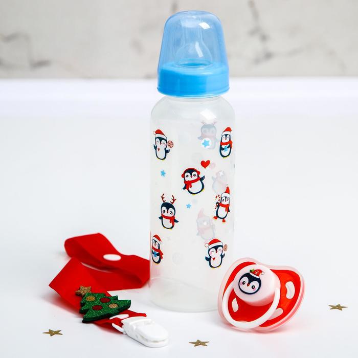 фото Подарочный набор детский "пинвинята": бутылочка 250 мл, пустышка и держатель на ленте mum&baby