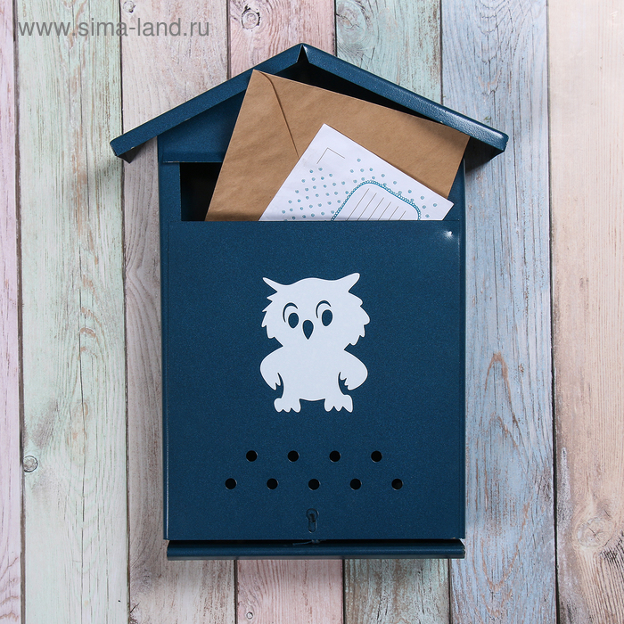 фото Ящик почтовый с щеколдой, вертикальный «домик», синий