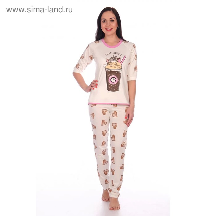 фото Пижама женская «капучино» (лонгслив, брюки), цвет бежевый, размер 52 трикотаж с любовью