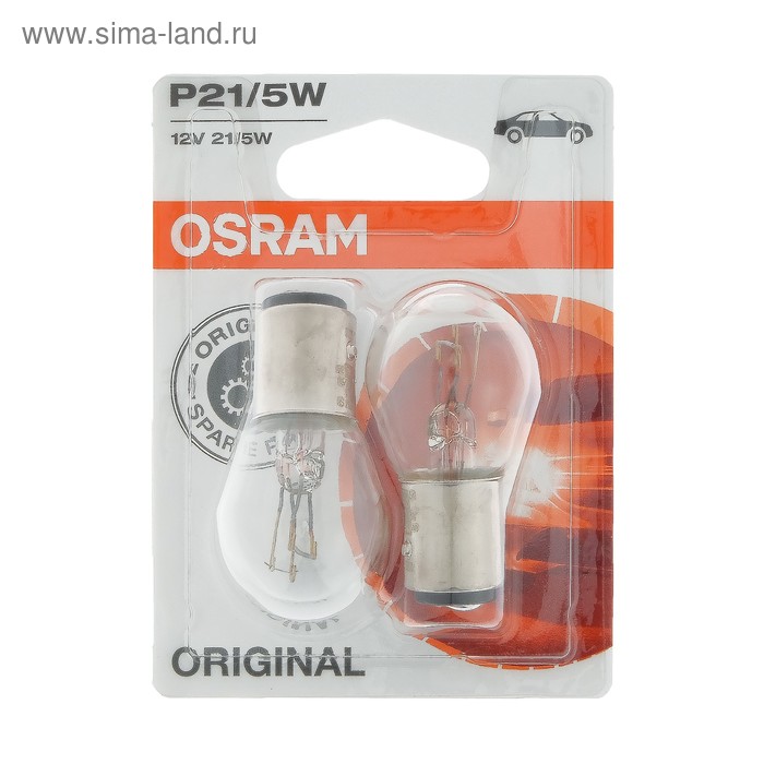 Лампа автомобильная Osram P21/5W BAY15d, 12 В, 21/5 Вт, набор 2 шт, 7528-02B лампа автомобильная clearlight p21 5w bay15d 12 в набор 2 шт