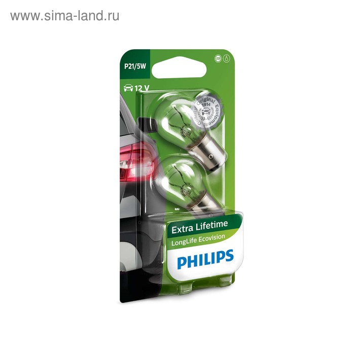 фото Лампа автомобильная philips longlife ecovision, p21/5w, 12 в, 21/5 вт, набор 2 шт, 12499llecob2