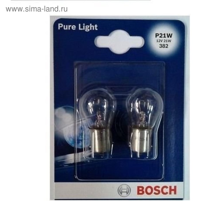 Лампа автомобильная Bosch, P21W, 12 В, 21 Вт, набор 2 шт, 1987301017