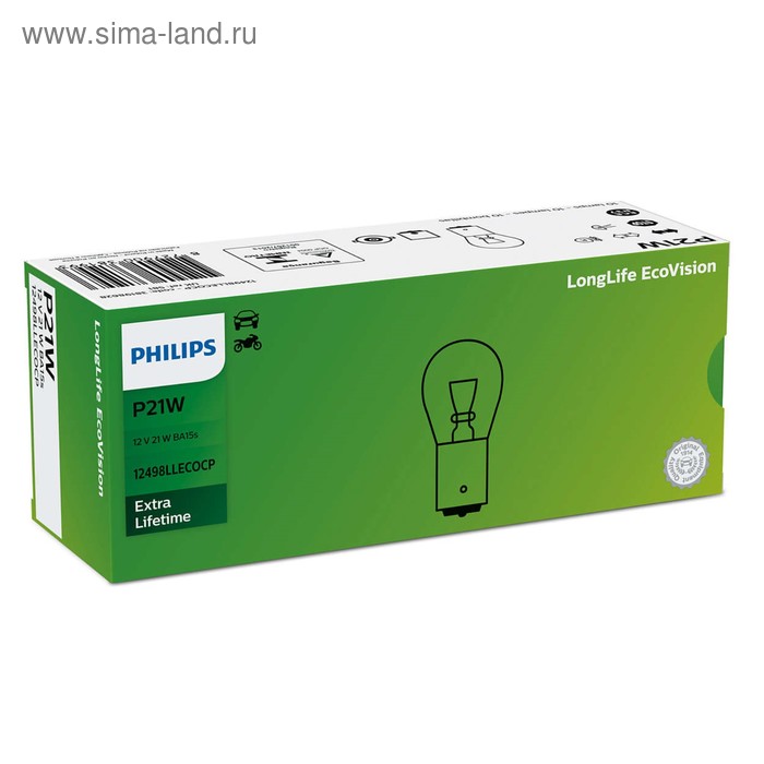 фото Лампа автомобильная philips long life ecovision, p21w, 12 в, 21 вт, 12498llecocp