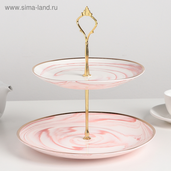 Блюдо керамическое 2-х ярусное «Мрамор», d=20,5/25 см, цвет розовый