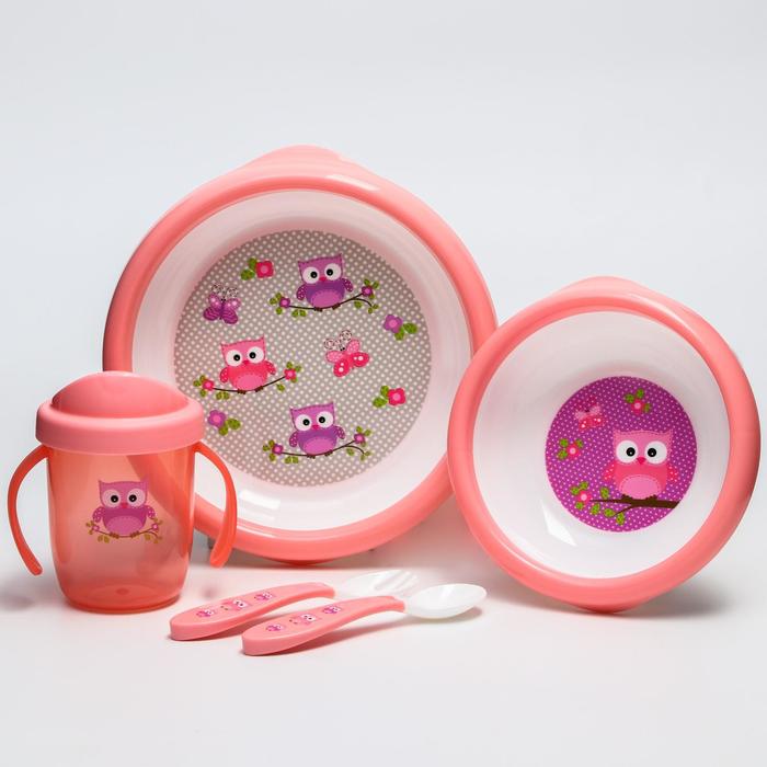 фото Набор детской посуды: тарелочки, поильник, столовые приборы, цвет розовый uviton