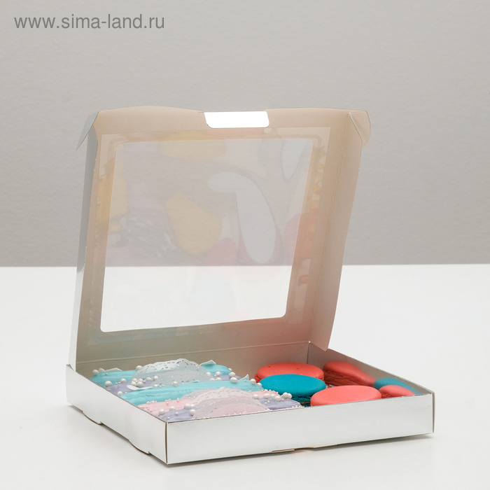 Коробка картонная, с окном, серебрянная, 21 х 21 х 3 см