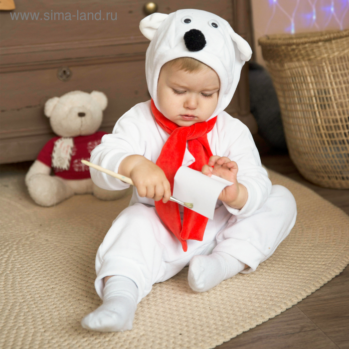 цена Карнавальный костюм для малышей «Белый медвежонок» с красным шарфом, велюр, хлопок, рост 74-92 см