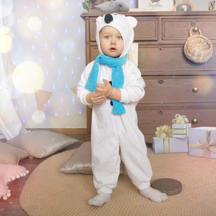 цена Карнавальный костюм для малышей «Медвежонок белый» с голубым шарфом, велюр, хлопок, рост 74-92 см