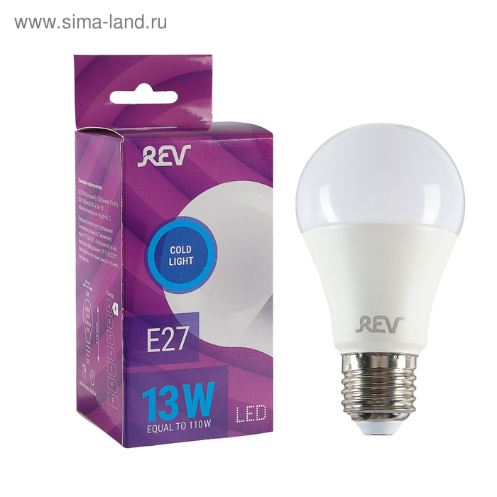 Лампа светодиодная REV LED, Е27, A60, 13 Вт, 6500 K, дневной свет лампа светодиодная rev a60 е27 20 вт 2700k теплый свет