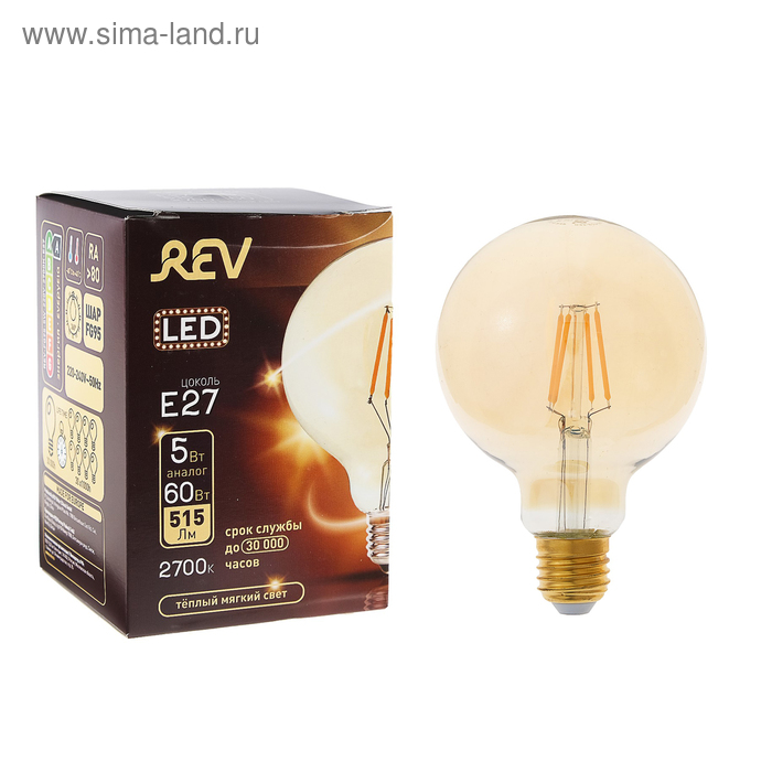 фото Лампа светодиодная rev led filament vintage, g95, 5 вт, e27, 2700 k, шар, теплый свет